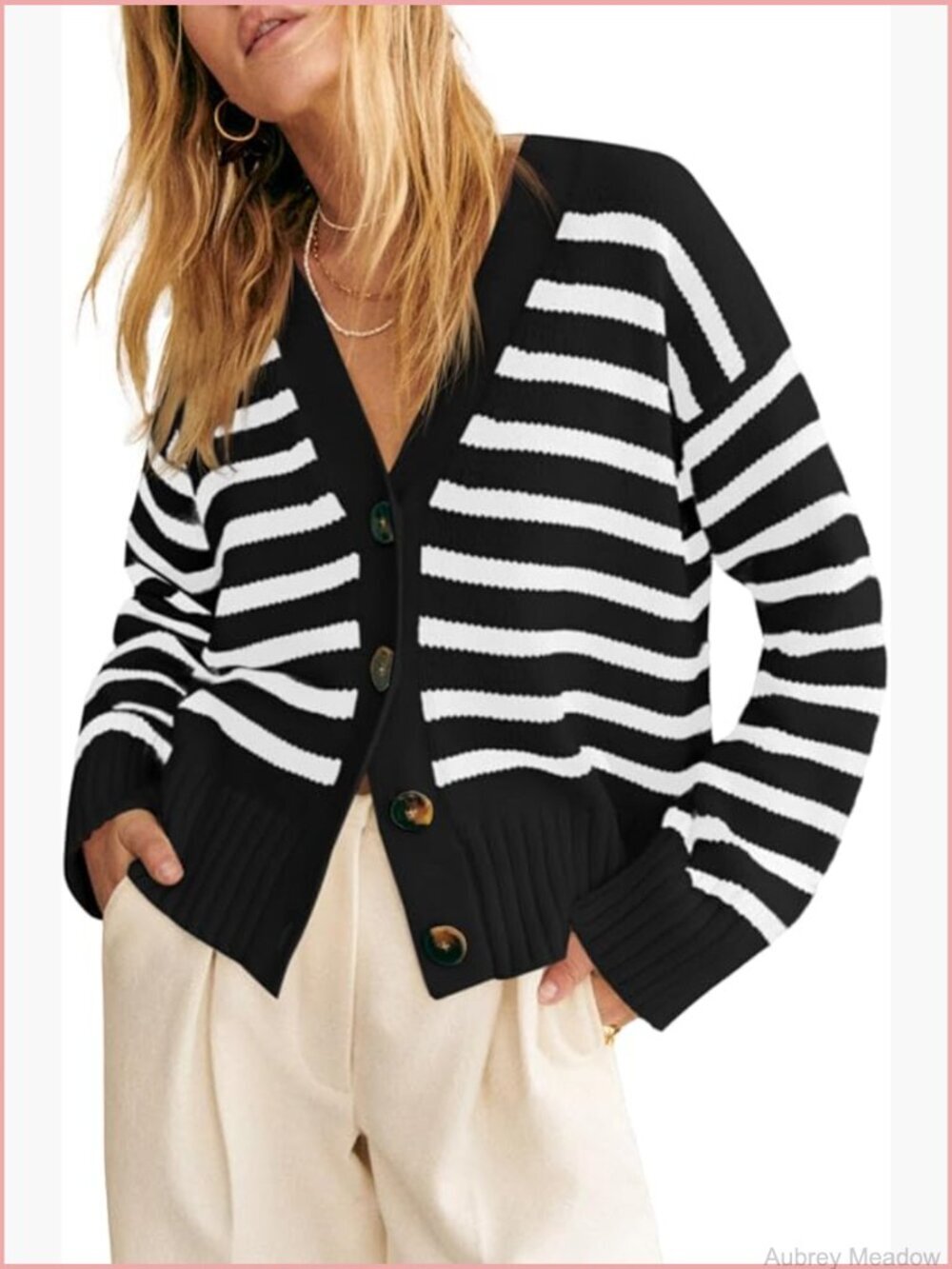 Striped V Neck Cardigan Sweater Button Down Long Sleeve Open Front Ribbed Knit
